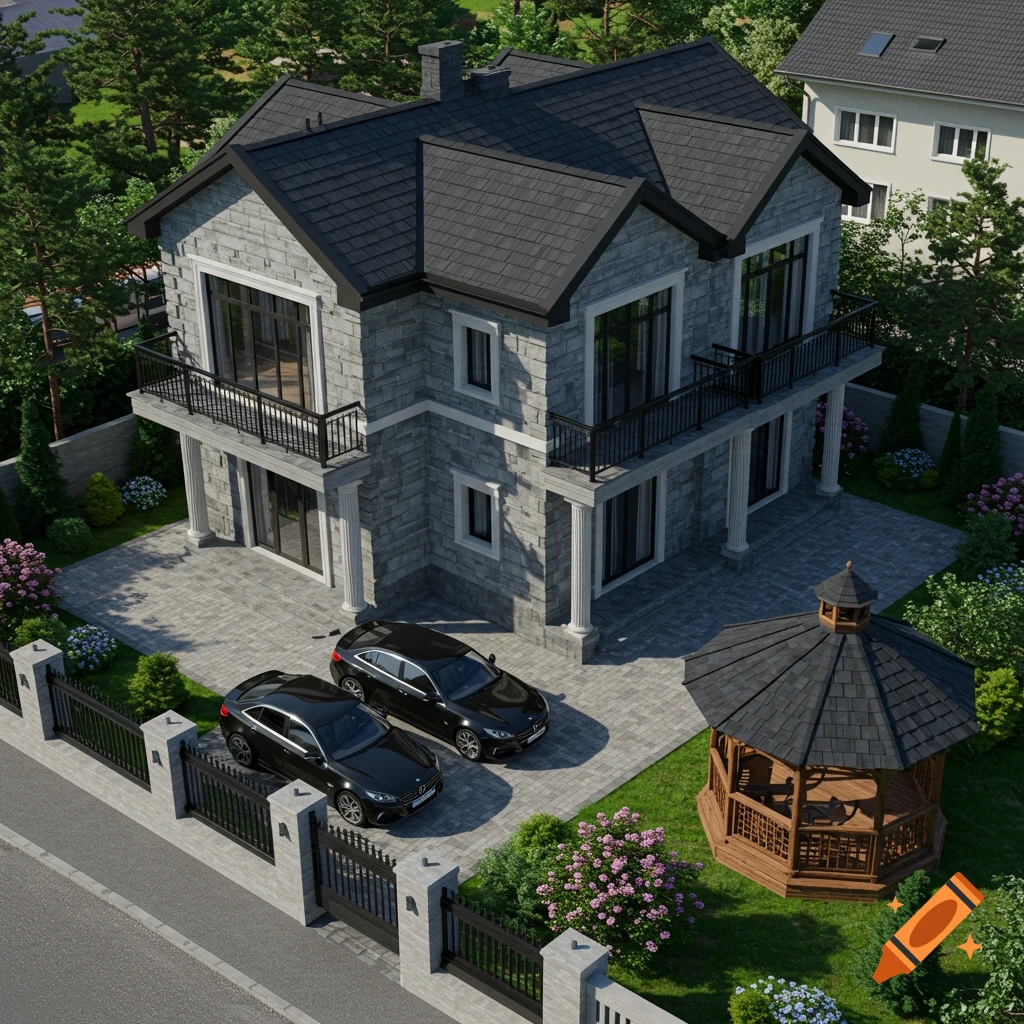 Aerial view of a luxurious gray stone house with dark roof, balconies, a paved driveway with two black SUVs, a matching gazebo, and a manicured garden.