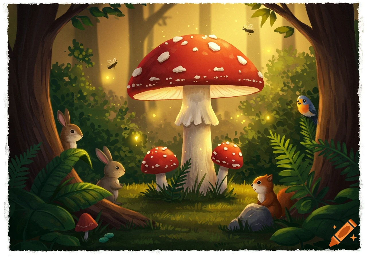 Child-friendly illustration of an enchanted forest with a giant red mushroom, smaller mushrooms, rabbits, a squirrel, a bird, and fireflies.