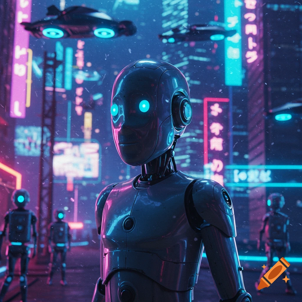 A large metallic robot with glowing blue eyes in a neon-lit cyberpunk city, with other robots and flying vehicles.