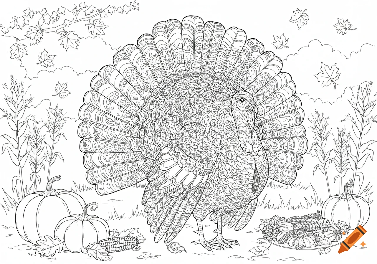 Detailed black and white line art coloring page featuring a Thanksgiving turkey surrounded by pumpkins, corn, and falling leaves.