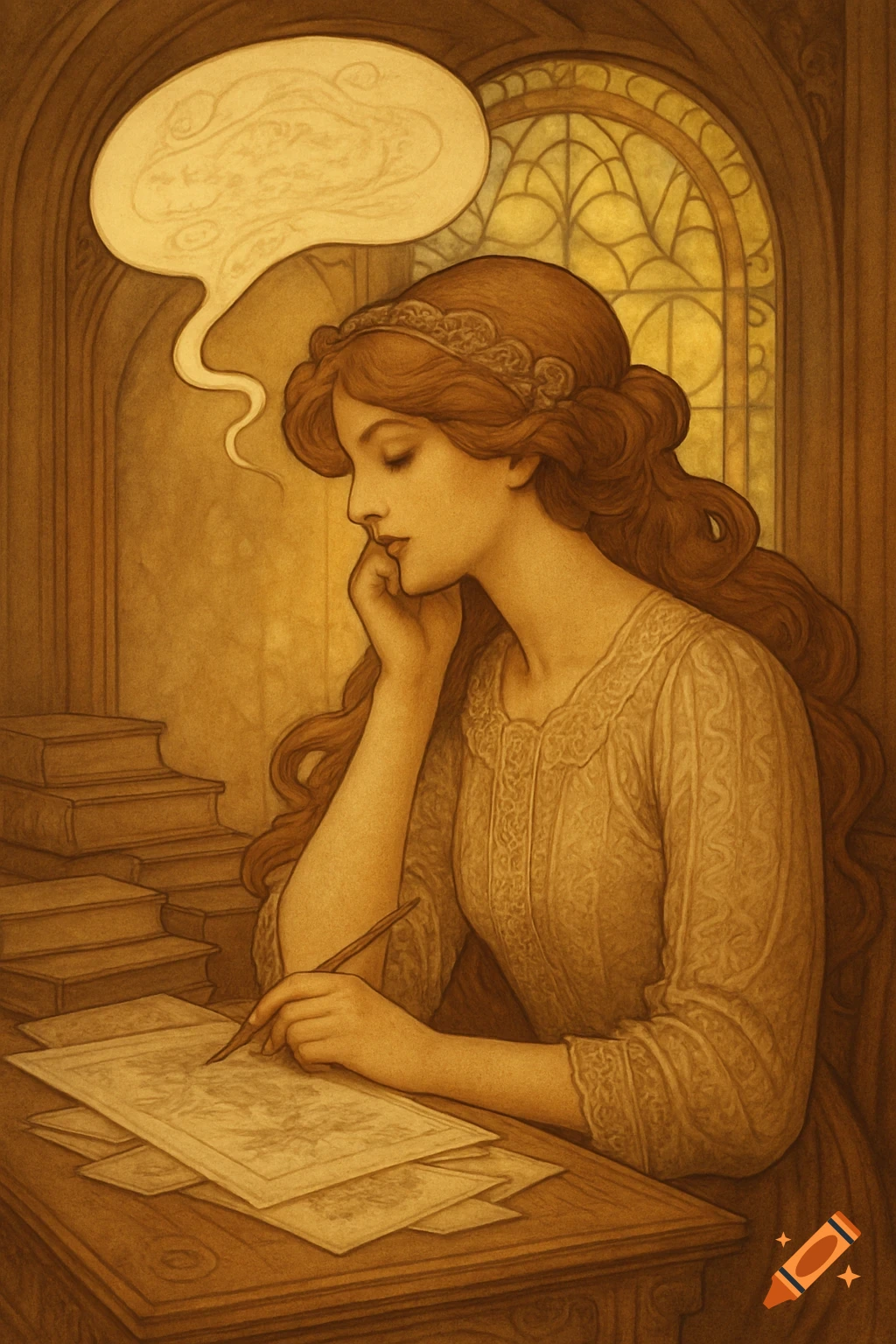 Art Nouveau illustration of a woman with long, flowing hair looking down while writing at a desk, with a speech bubble above her head.