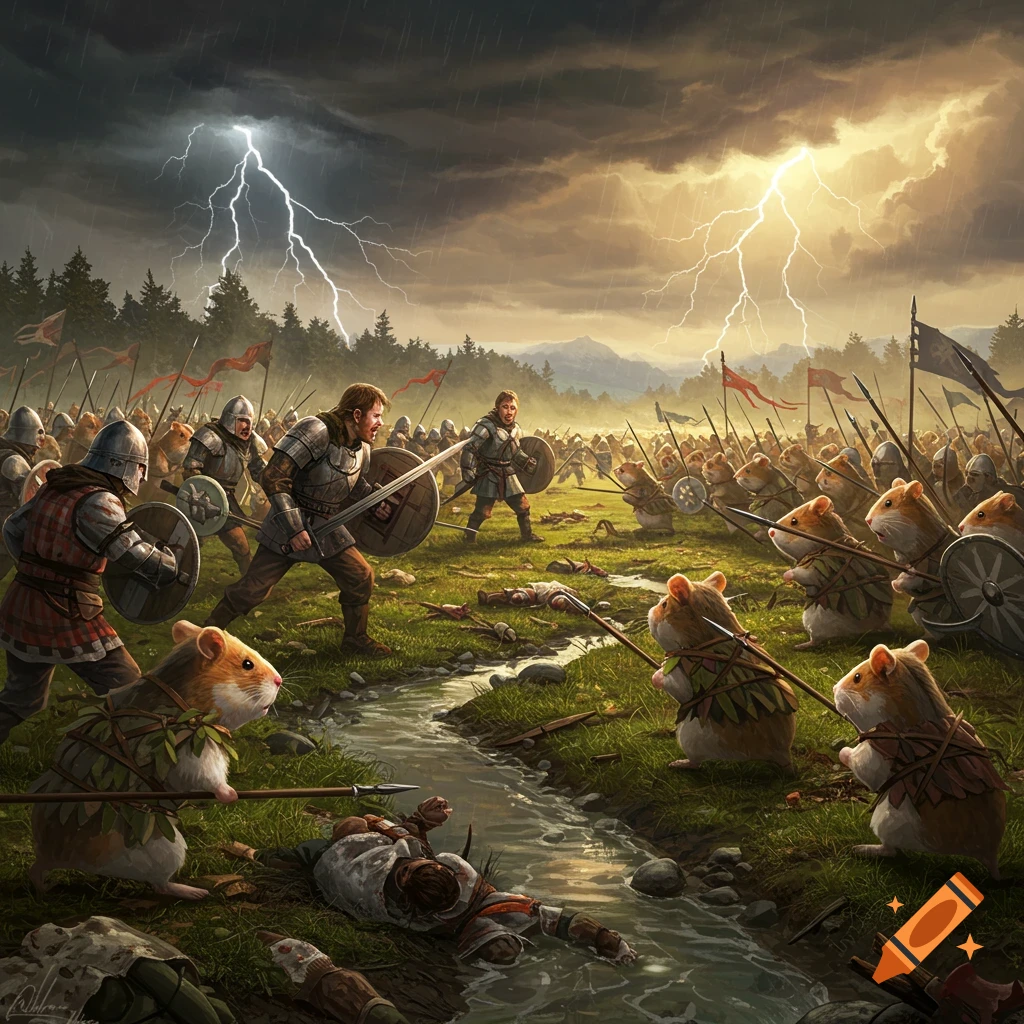 A dramatic fantasy battle between human knights and hamsters in armor wielding spears, in a stormy field with lightning.