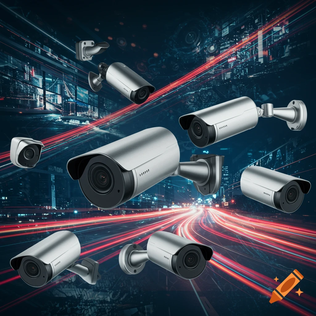 Multiple modern security cameras float above a stylized night city with red and blue light trails blurring across a dark background.