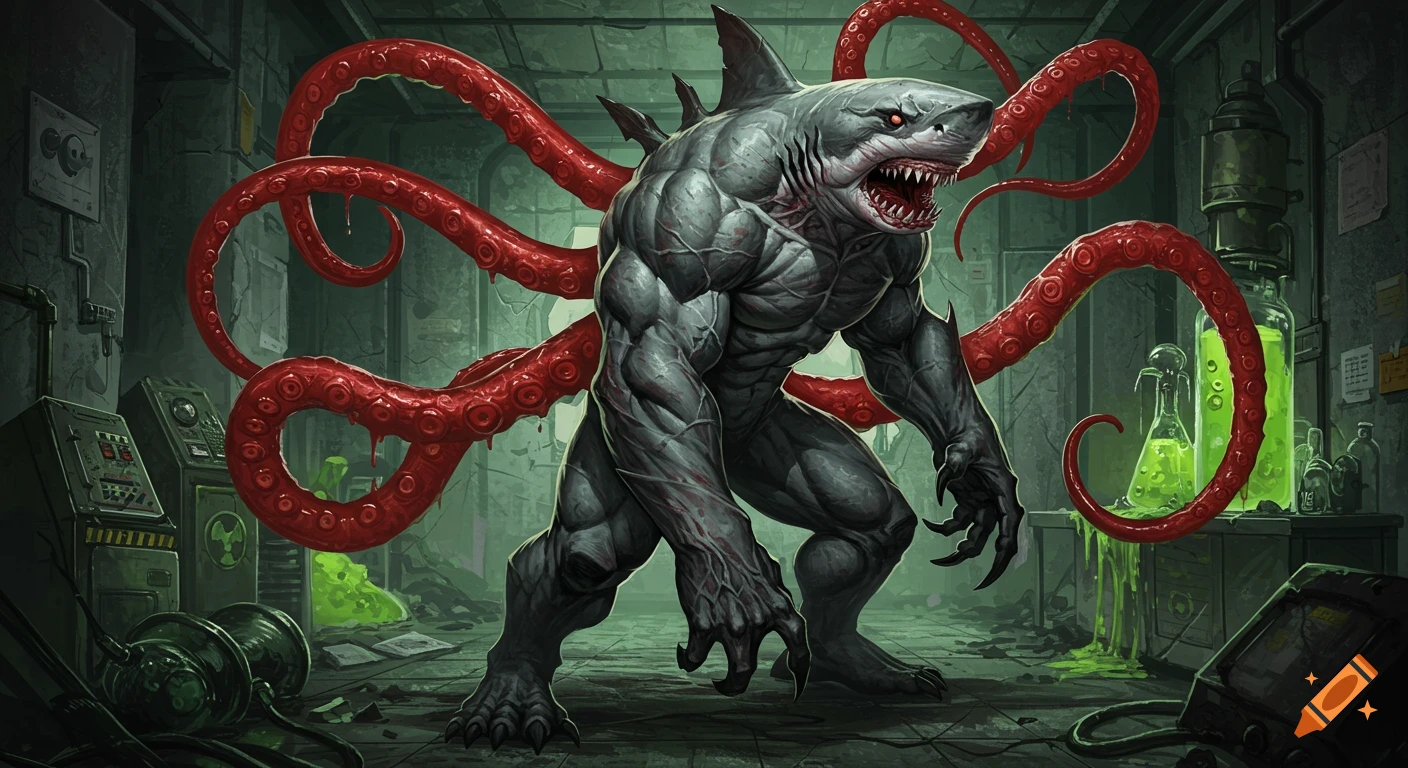 A muscular shark-humanoid monster with red tentacles and glowing red eyes stands menacingly in a ruined, dark green sci-fi laboratory, in a comic book style.