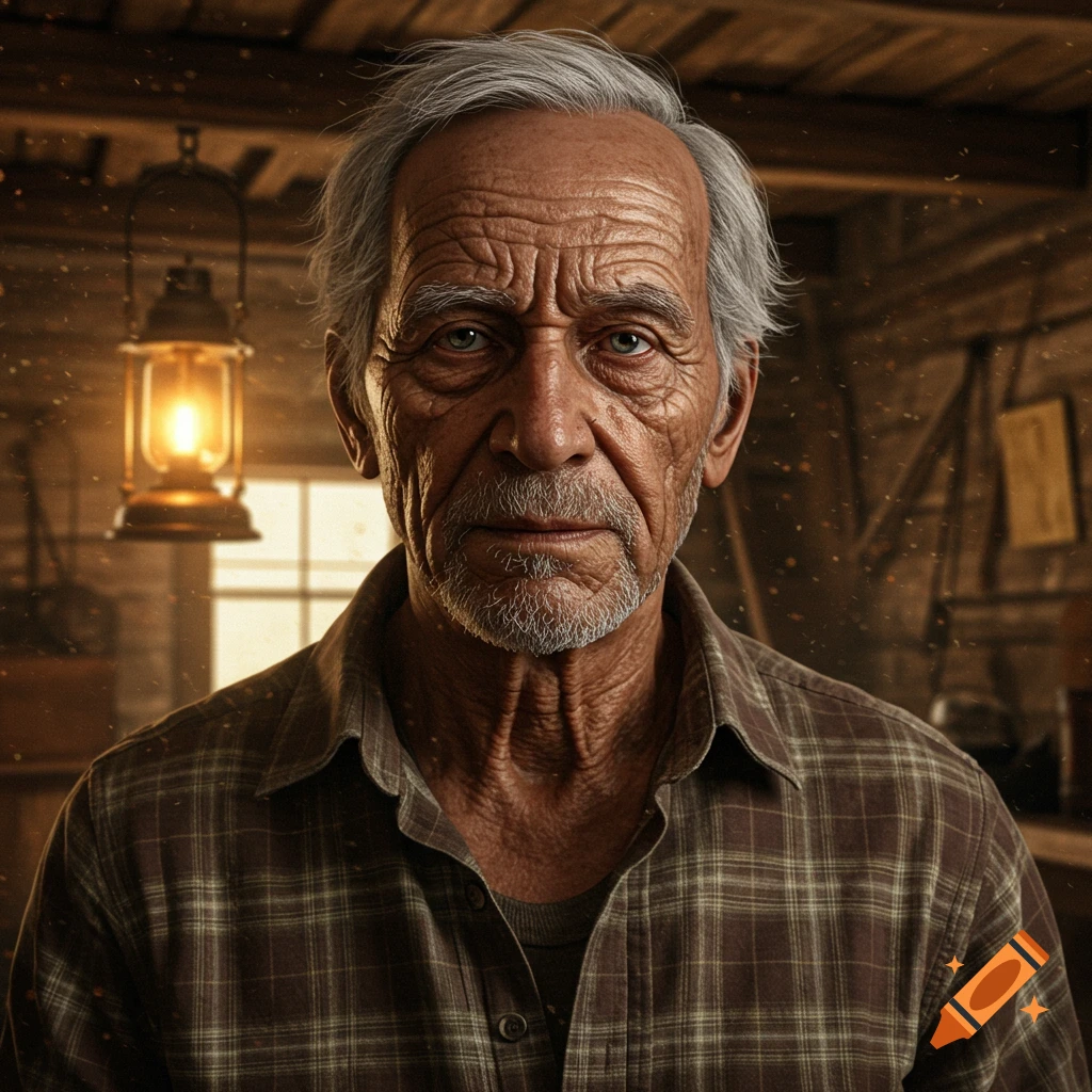 Photorealistic portrait of a serious old man with gray hair and beard, wearing a plaid shirt, in a rustic wooden room with a glowing lantern.