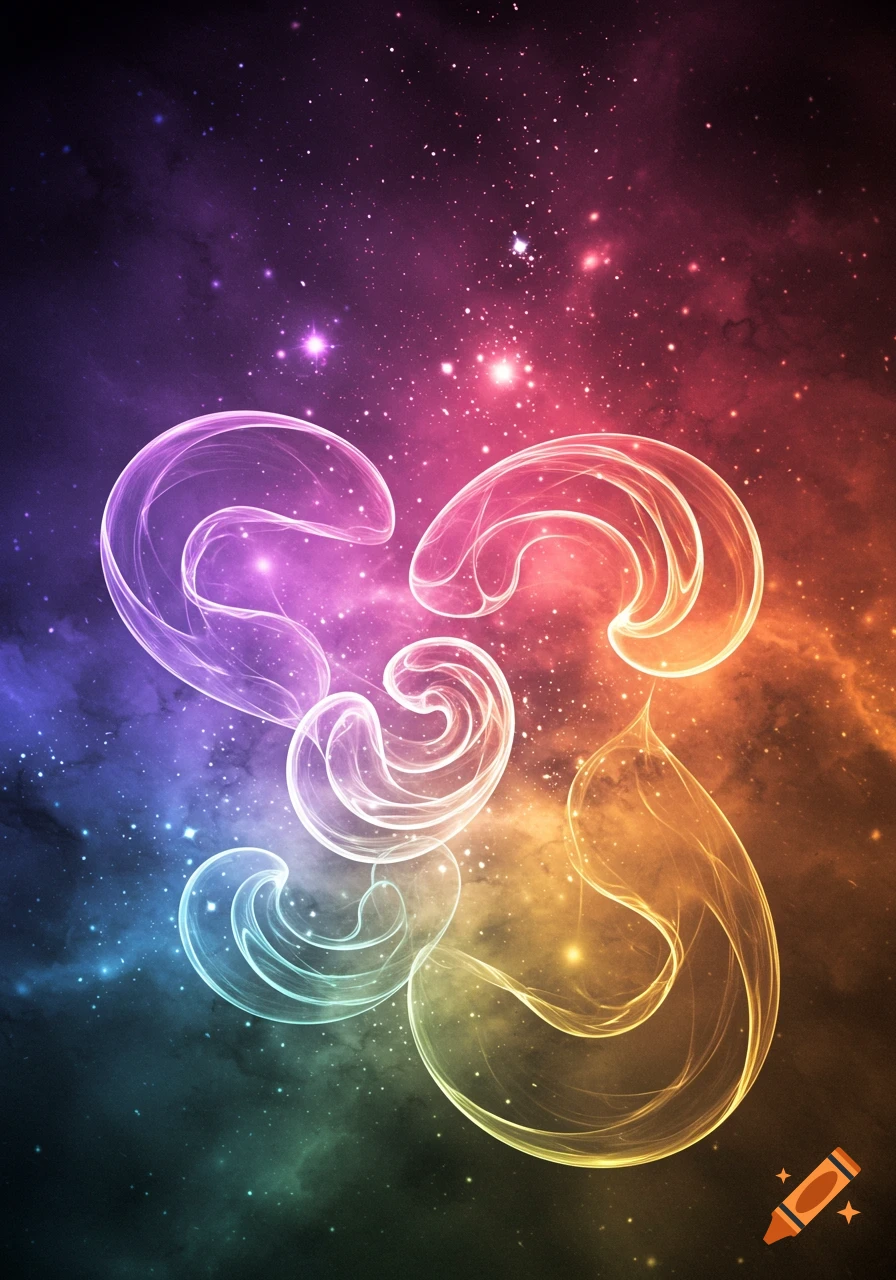 Glowing rainbow abstract shapes swirl against a starry nebula background.