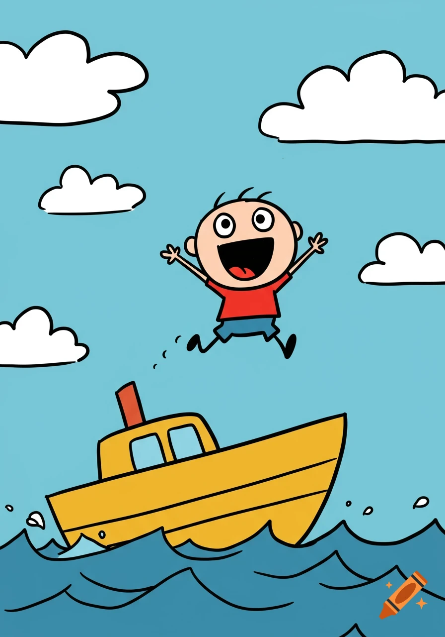 Cartoon boy with arms raised, flying above a yellow boat on blue wavy water with white clouds in a bright blue sky.