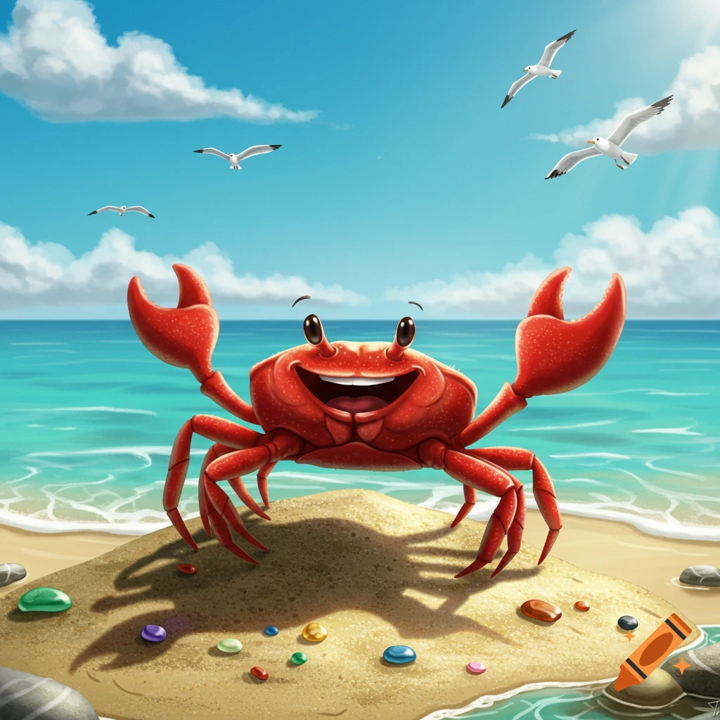 A cheerful red cartoon crab on a sandy beach, with colorful pebbles, blue ocean, and seagulls flying under a bright sky.