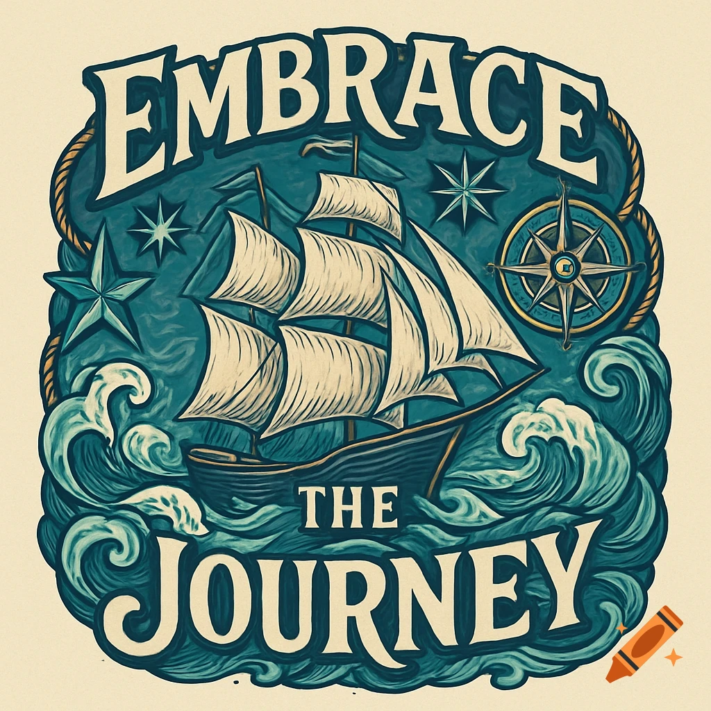 Vintage-style illustration of a sailing ship on stormy waves with stars and a compass, text reads 'EMBRACE THE JOURNEY'.