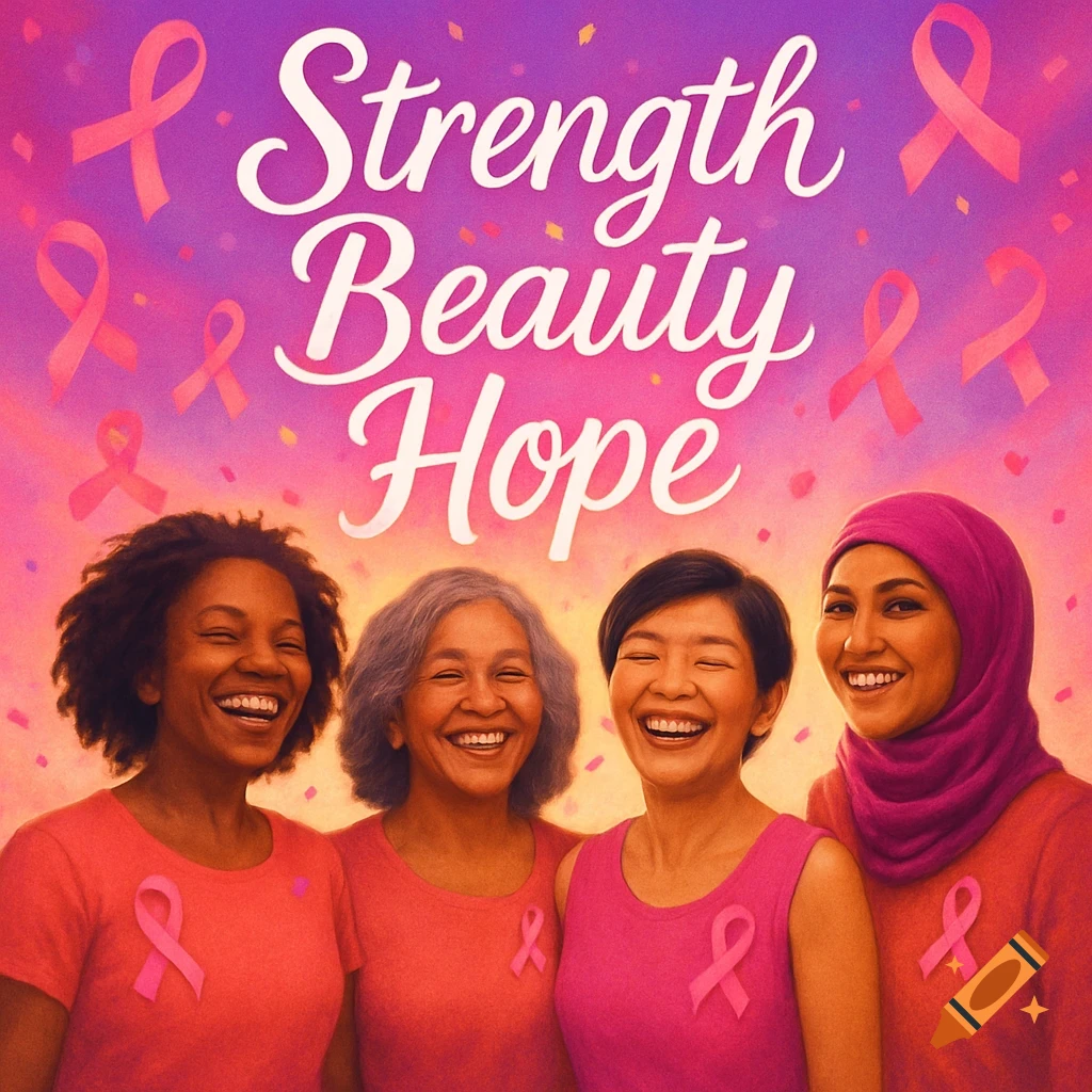 Four diverse women smiling, wearing pink with breast cancer ribbons, under 'Strength Beauty Hope' text. Digital art.