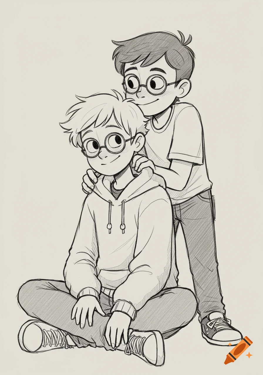 Pencil sketch of two boys, one sitting cross-legged in a hoodie and glasses, the other standing behind him leaning over his shoulder.