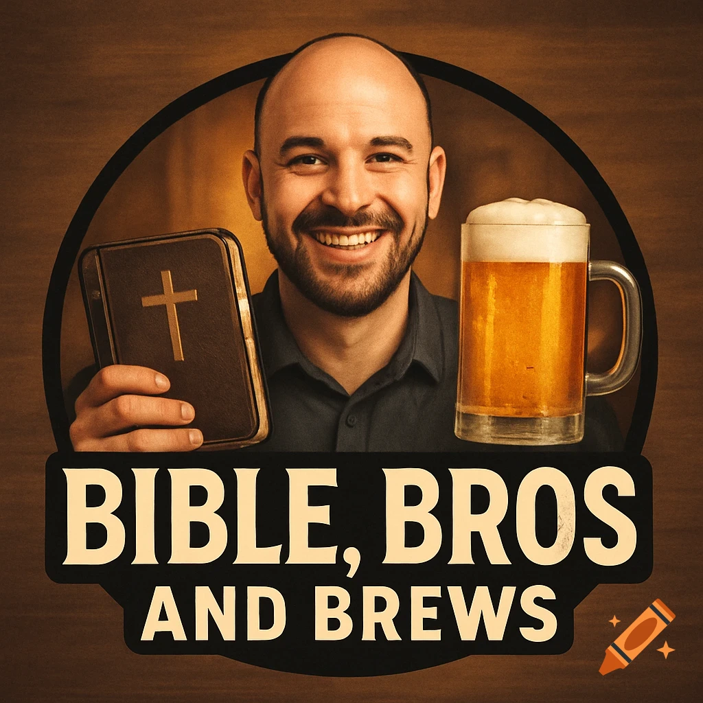 A bald man with a beard, smiling, holds a Bible and a mug of beer in a logo with text 'BIBLE, BROS AND BREWS'.