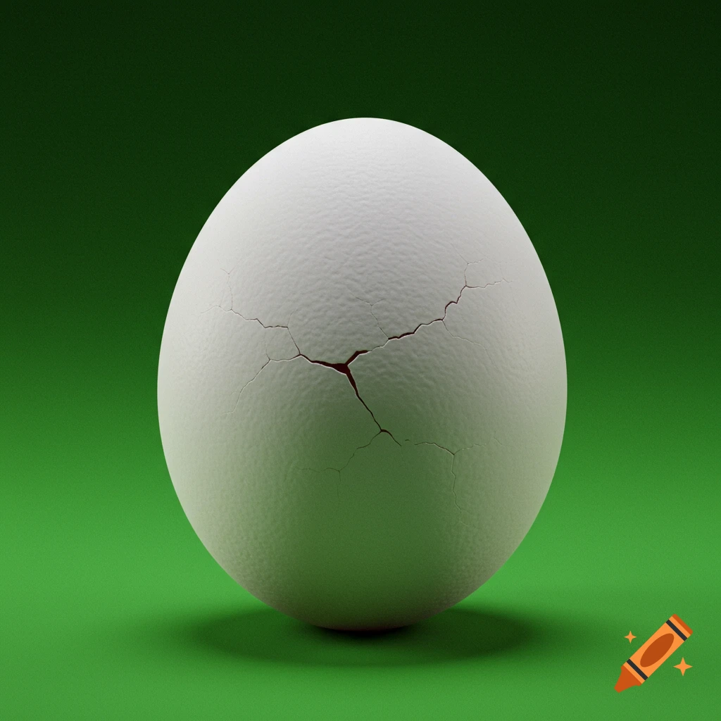 Photorealistic white egg with a prominent crack on a solid green background.
