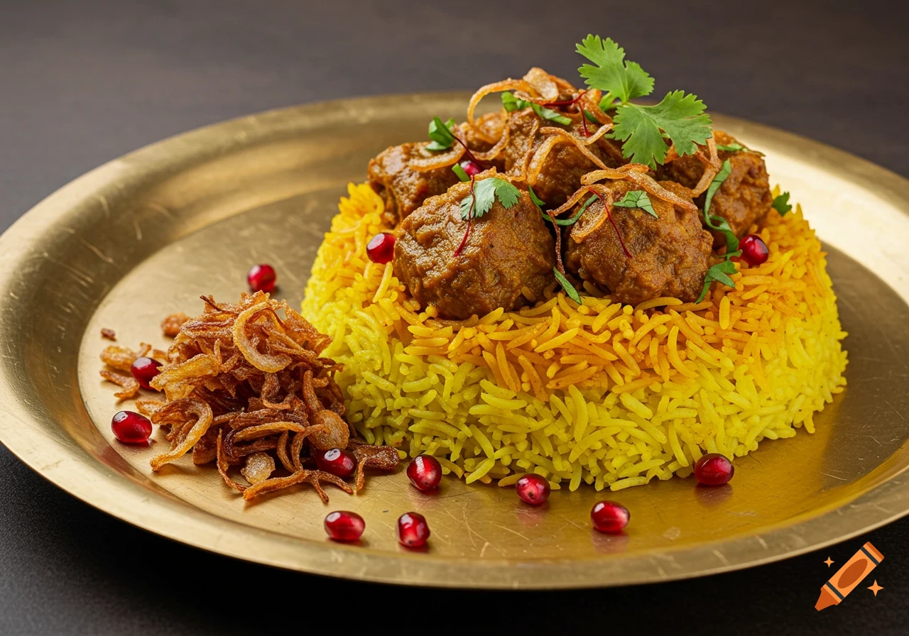 A golden plate holds a vibrant biryani dish with meat chunks, saffron-colored rice, fried onions, cilantro, and pomegranate seeds.