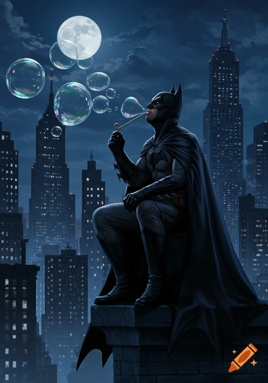 Batman in a cape and cowl kneels on a gothic city rooftop at night, blowing bubbles from a pipe against a full moon and skyscrapers. Comic art.