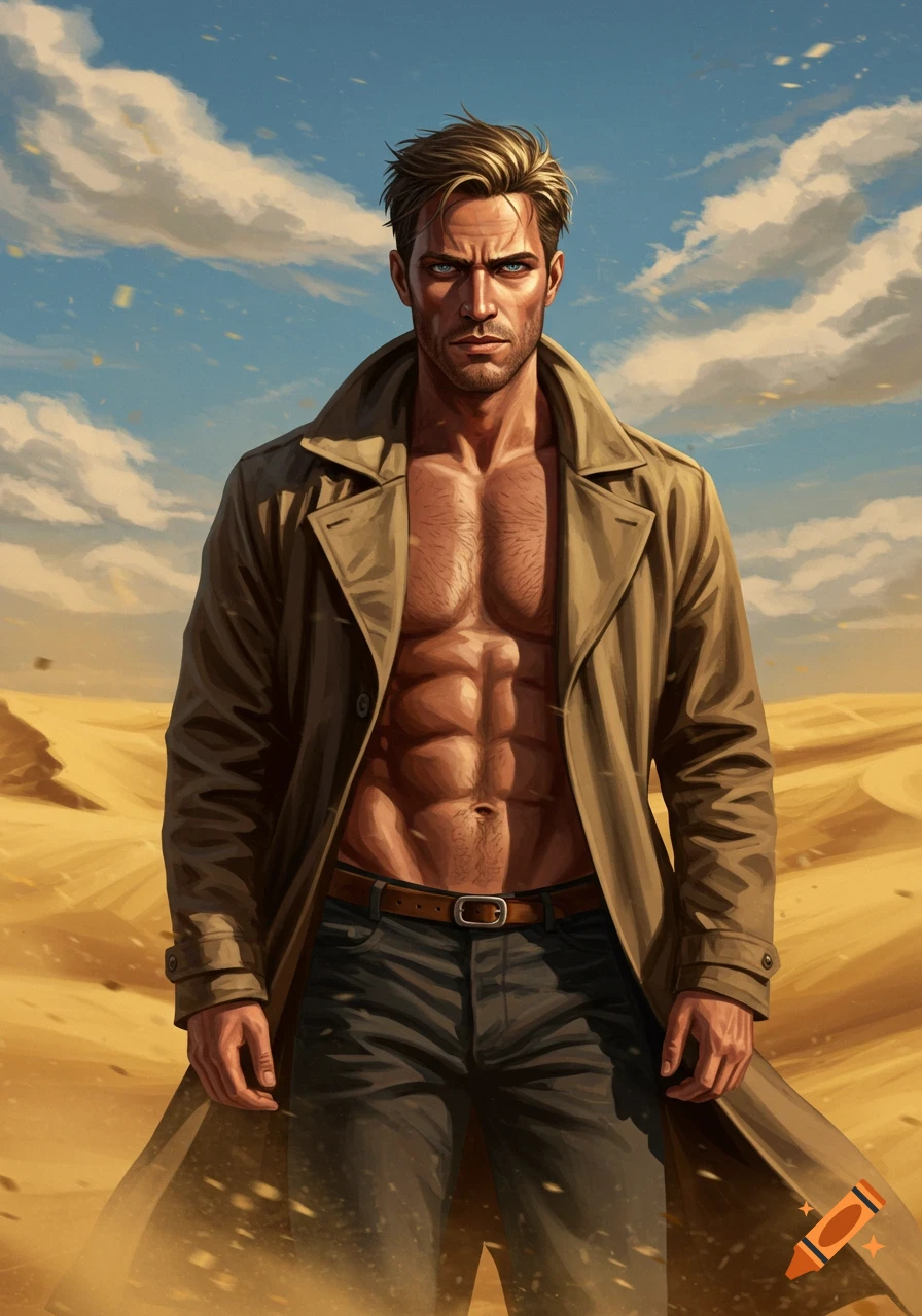 A strong man with blond hair and blue eyes stands in a desert, wearing an open trench coat over his bare, muscular chest and abs.