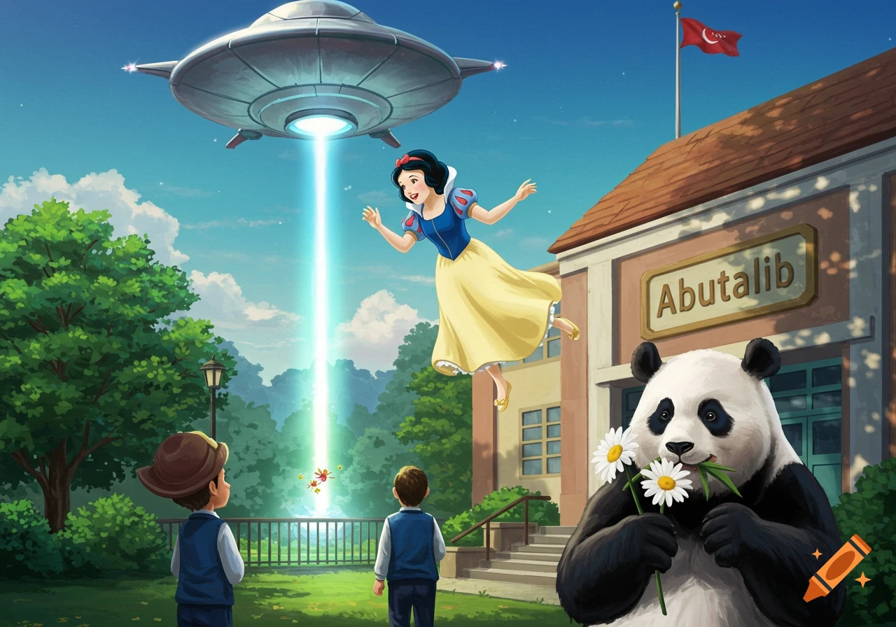An illustration shows Snow White being abducted by a UFO beam above a school named Abutalib, as two boys watch and a panda eats daisies.