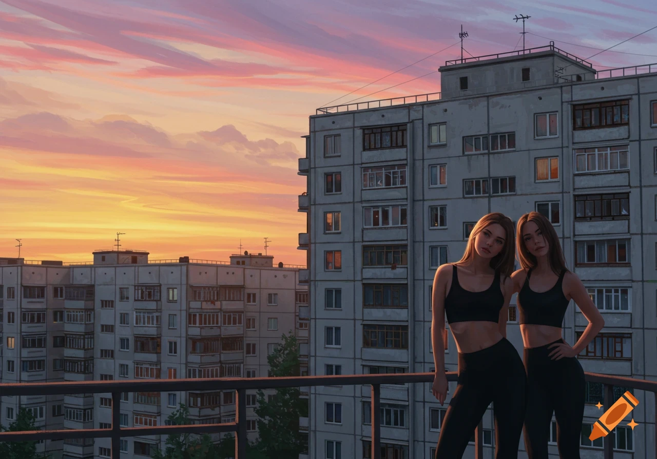 Two young women in black sportswear stand on a balcony overlooking an urban sunset, digital art.