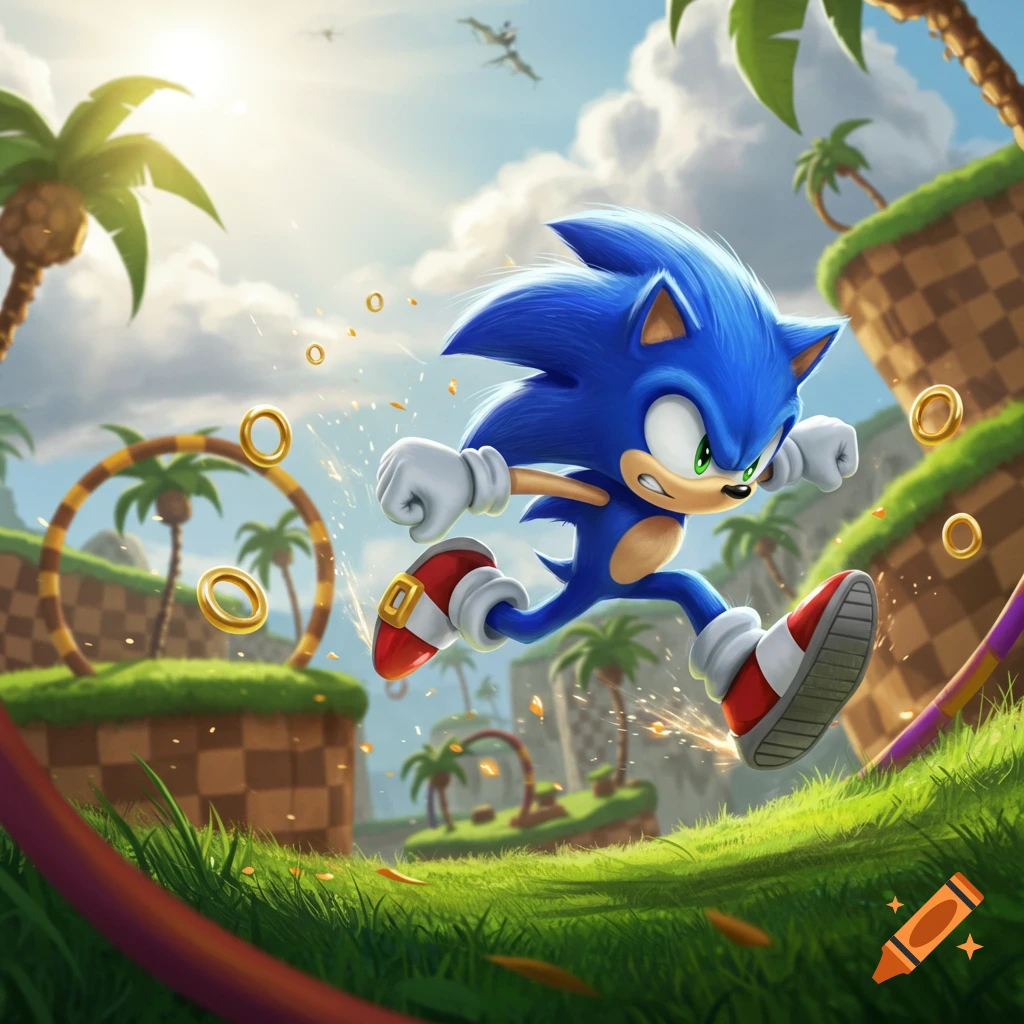 Sonic the Hedgehog runs through a vibrant Green Hill Zone-like landscape with palm trees, loops, and golden rings.