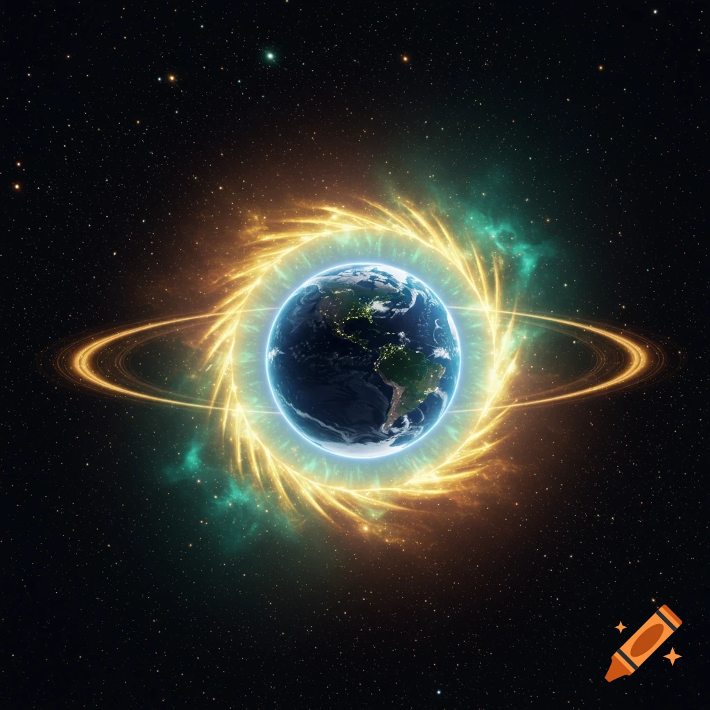 Planet Earth surrounded by a glowing golden and teal energy portal with golden rings in a starry dark blue space.