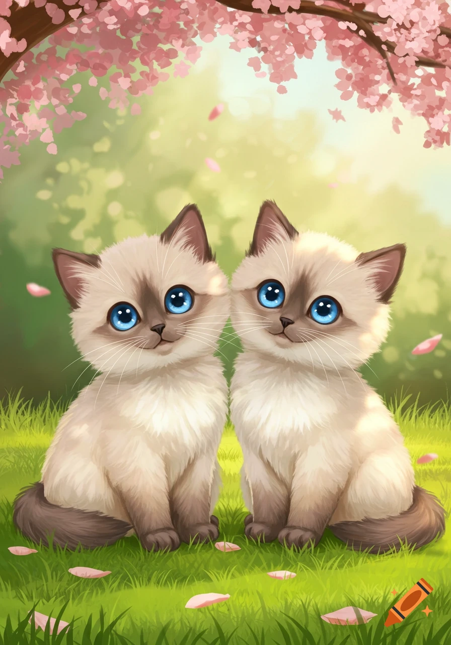 Two cute cartoon ragdoll kittens with big blue eyes sit in green grass under a cherry blossom tree.