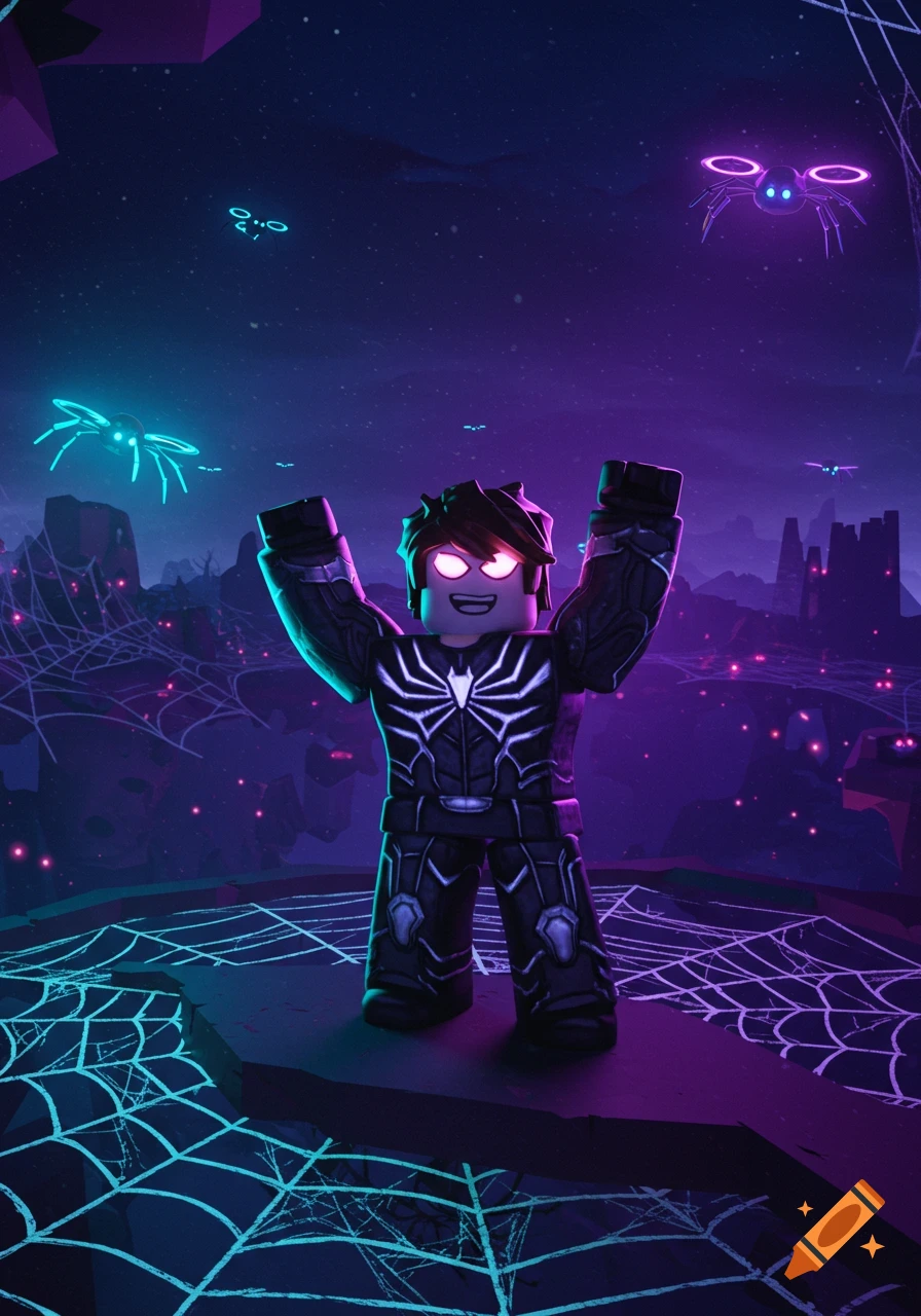 Roblox character in a black spider suit with glowing red eyes on a spiderweb-covered ledge in a dark, neon purple landscape with flying spider drones.