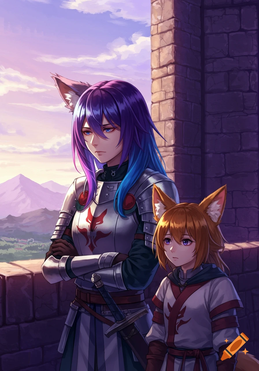 Anime depiction of a fox-eared knight in armor and a younger squire on a castle wall, overlooking mountains at sunset.