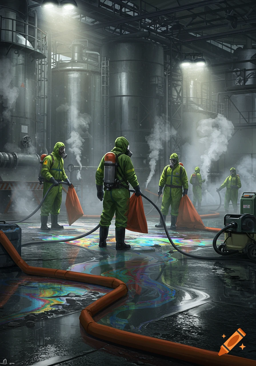 Hazmat crew in green suits and respirators cleaning up a colorful chemical spill in a smoky, dark industrial factory.