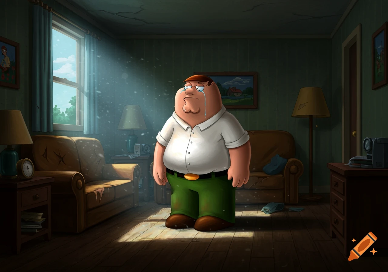 Cartoon Peter Griffin cries in a dimly lit, worn-down living room with sunlight streaming through a window.