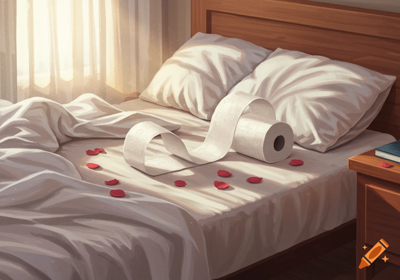 A sunlit bed with rumpled white sheets, a roll of toilet paper, and scattered red rose petals in a stylized art style.