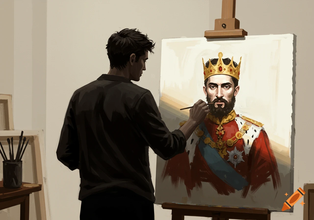 An artist viewed from behind paints a regal portrait of a bearded king wearing a crown and royal attire on an easel.