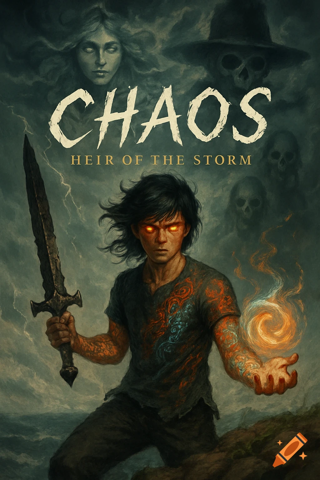 Dark fantasy art of a boy with glowing eyes, holding a sword and magic orb, with ghostly figures. Title 'CHAOS Heir of the Storm'.
