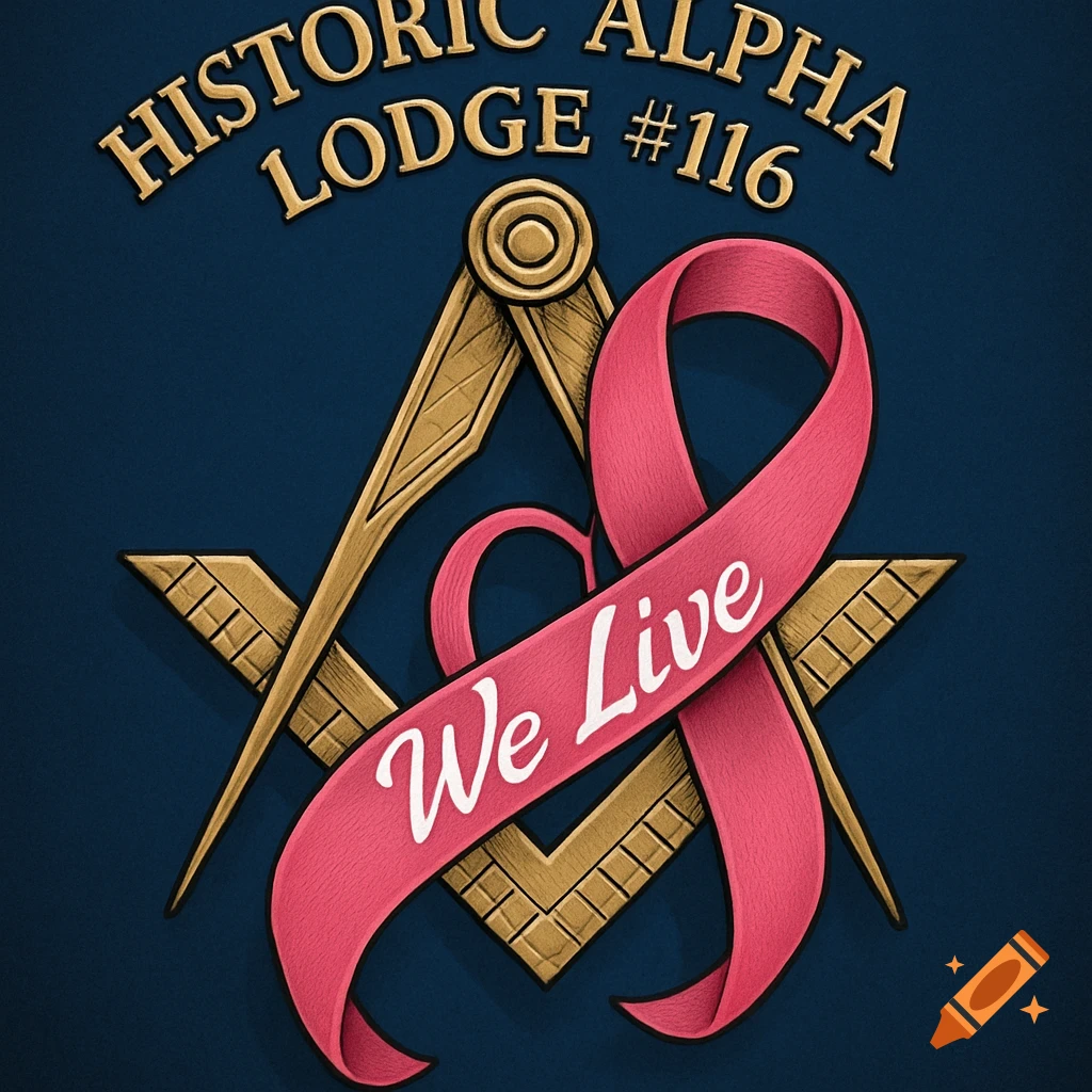 Masonic compass and square with a pink breast cancer awareness ribbon inscribed 'We Live', and 'Historic Alpha Lodge #116' text.