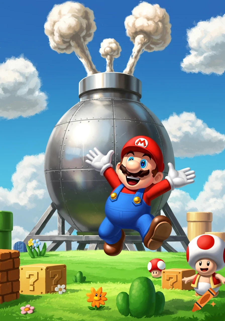 Happy Mario jumping in a vibrant cartoon Super Mario Bros. scene with a large metal bomb, question mark blocks, and Toad.