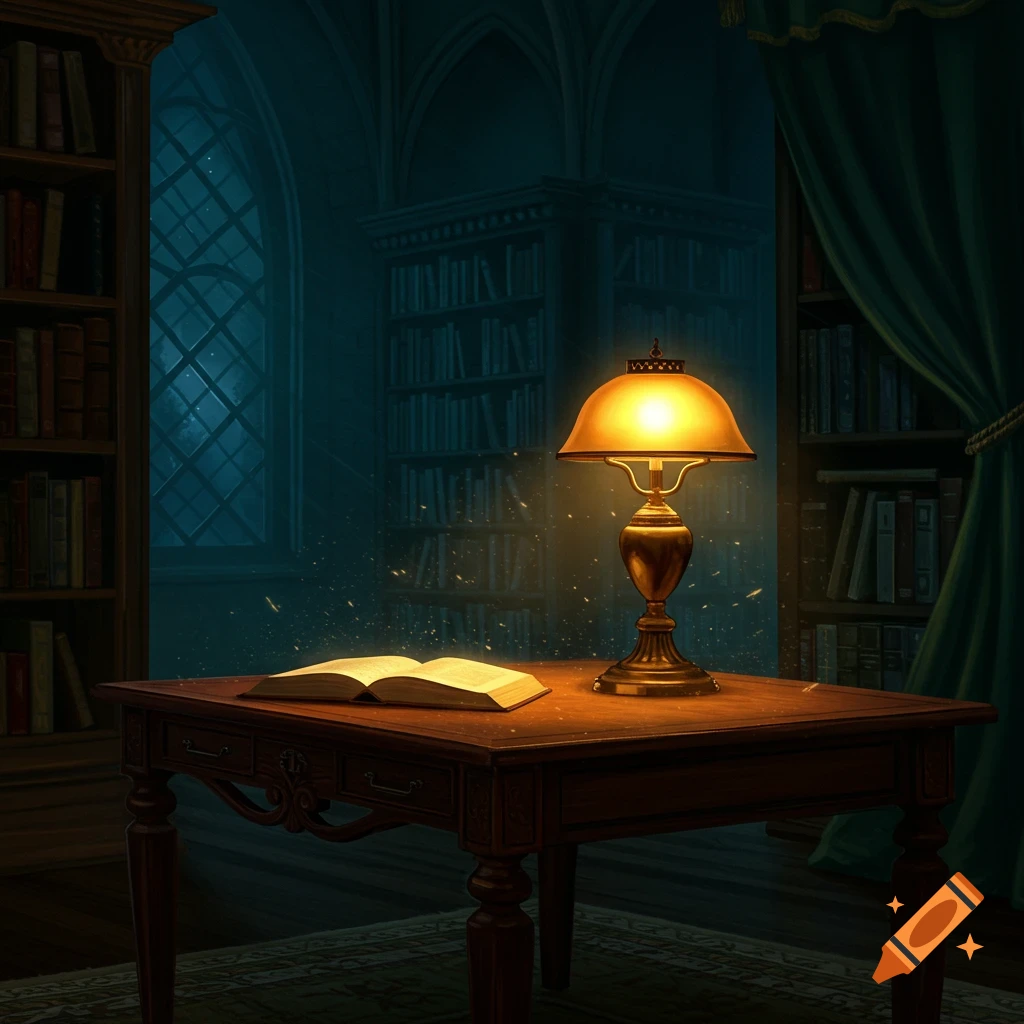 A dimly lit library interior features an antique wooden desk with an open book and a glowing brass lamp, surrounded by tall bookshelves and a gothic window.