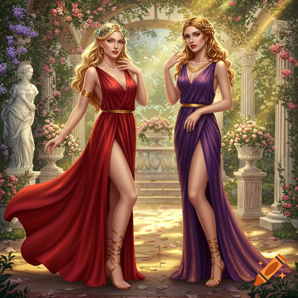 Two women in flowing red and purple gowns with gold accents pose in a sunlit classical garden.