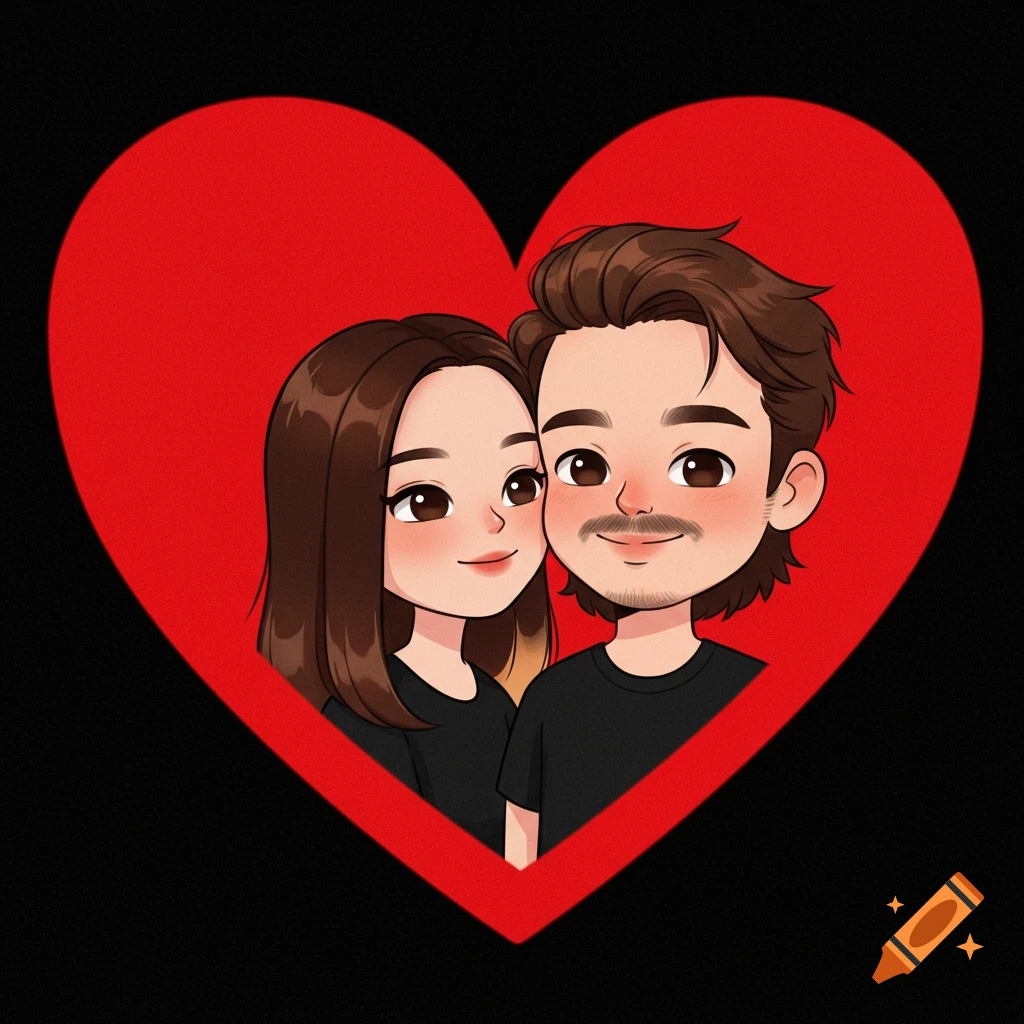 Cute cartoon couple illustration of a woman and man in a red heart frame on a black background.