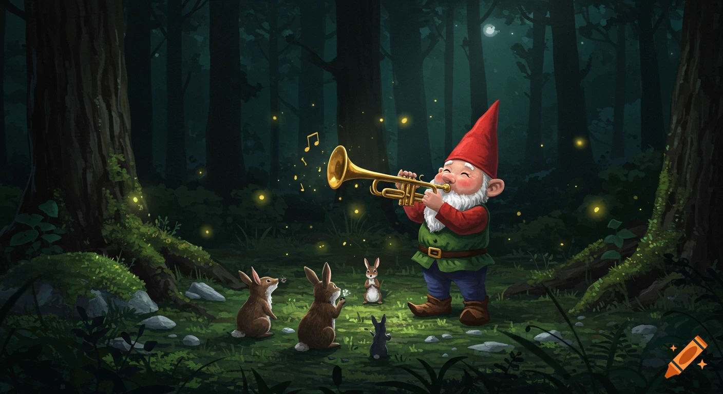 A whimsical gnome in a red hat plays a golden trumpet for a group of bunnies in a dark, firefly-lit forest. Stylized illustration.