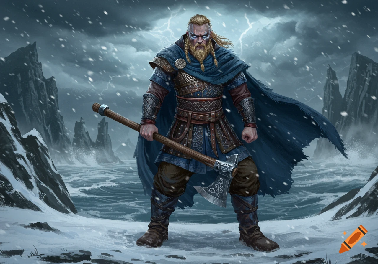 A powerful Viking warrior with a braided beard and blue warpaint stands in a snowy, stormy landscape, holding a large axe.