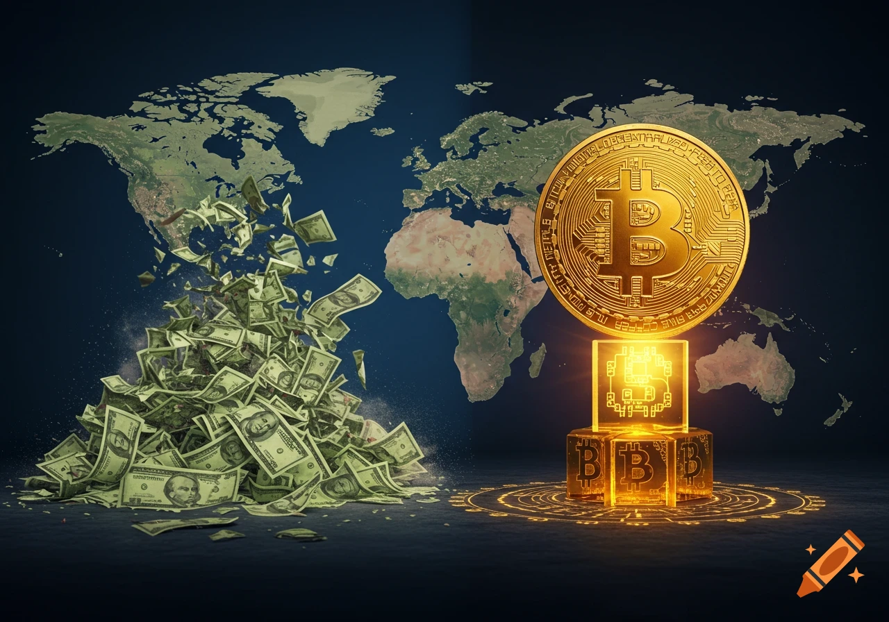 A world map with a crumbling pile of US dollar bills on the left and glowing golden Bitcoin symbols on the right, depicting a shift in global finance.