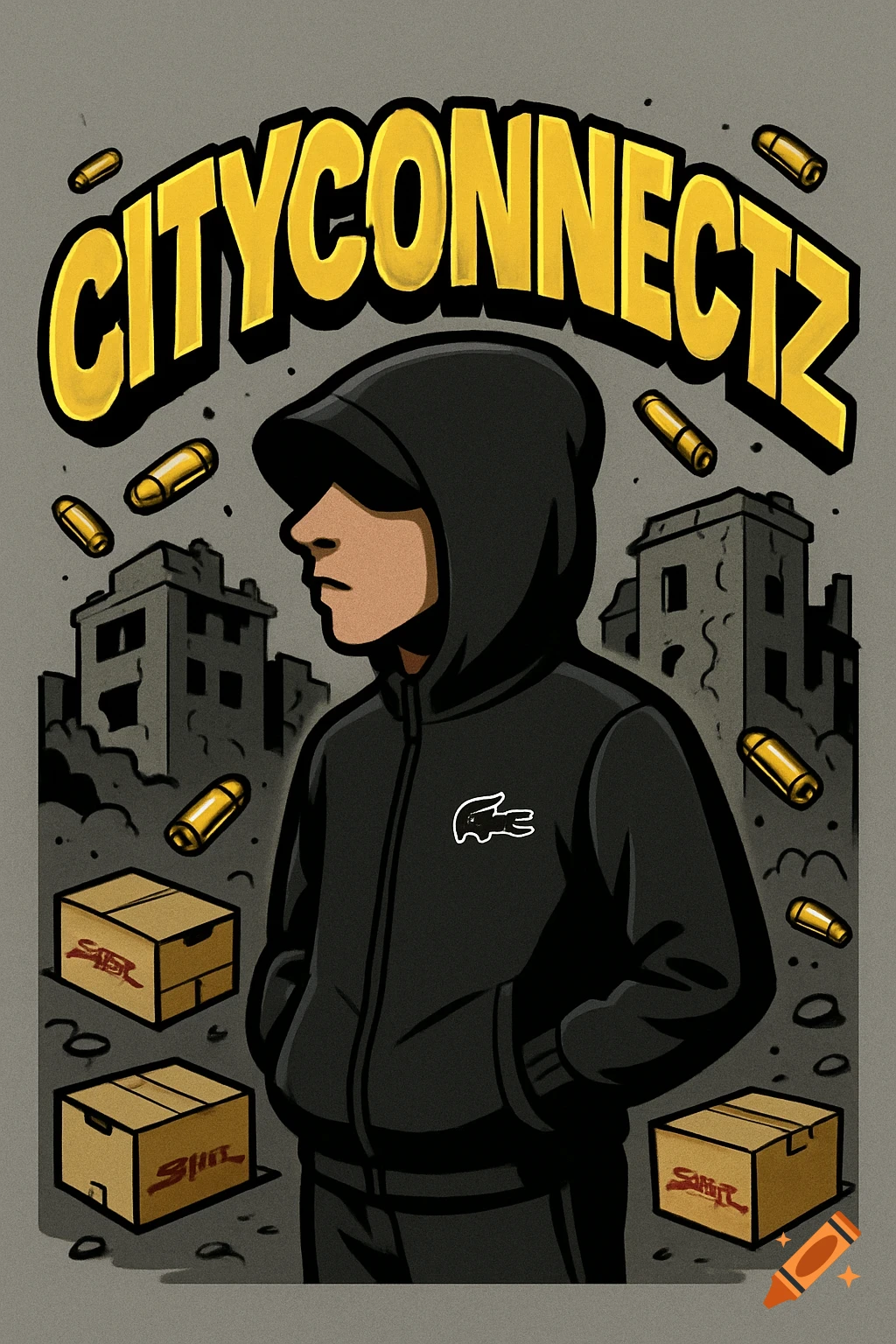 A stylized cartoon features a hooded figure in a black tracksuit with a crocodile logo, standing amidst urban ruins, bullet casings, and packages. Above, the bold gold text 'CITYCONNECTZ' arches.