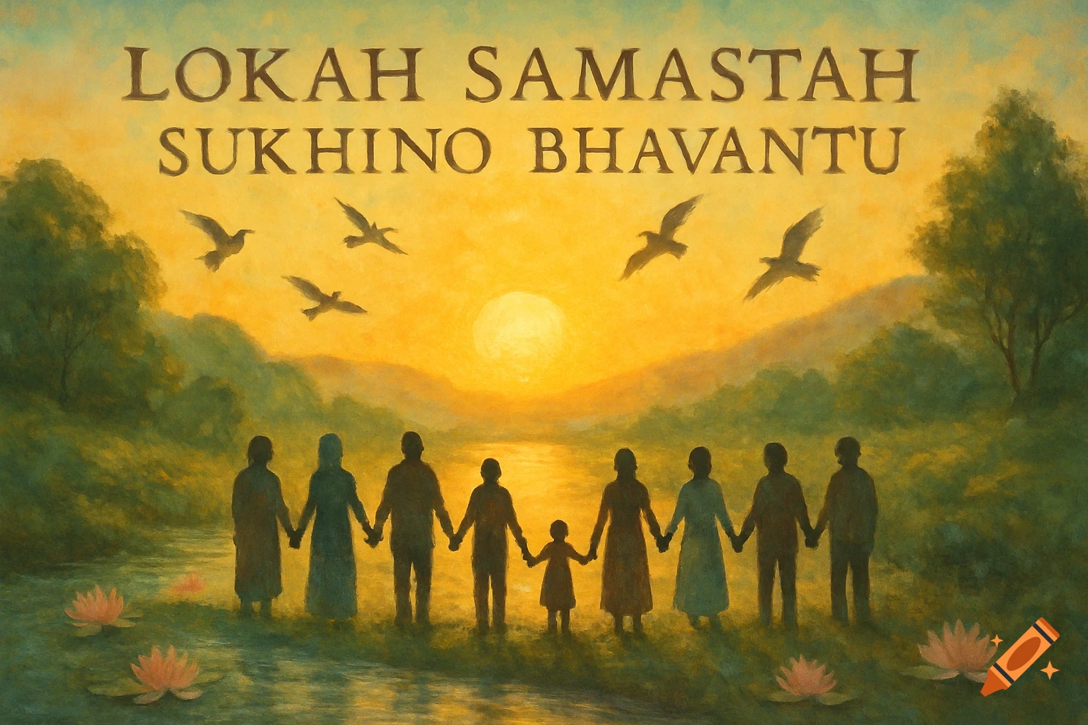 Painterly scene of silhouetted people holding hands at sunset by a river, with water lilies and birds. Text reads 'LOKAH SAMASTAH SUKHINO BHAVANTU'.