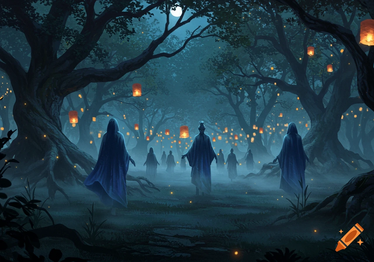 Mysterious robed figures walk through a misty, dark forest lit by a full moon and numerous glowing lanterns.