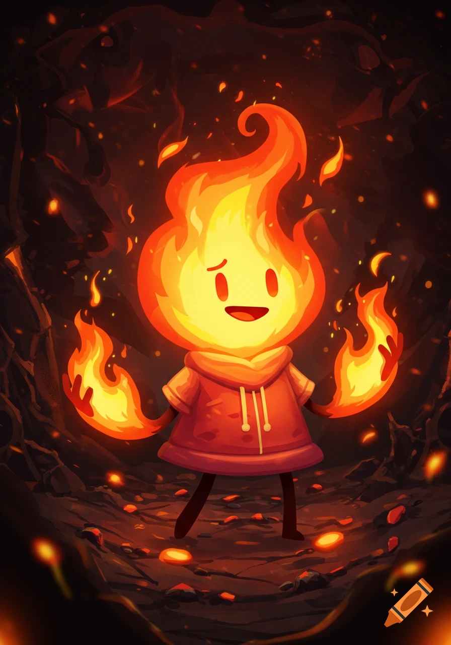 A cute, cartoonish fire character in a red hoodie stands glowing in a dark, fiery environment.