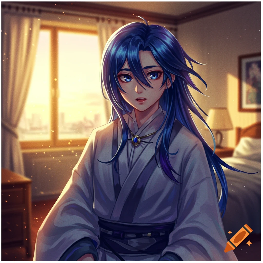 Anime-style character with blue hair and blue eyes, wearing a white robe, standing in a cozy bedroom with soft evening light.