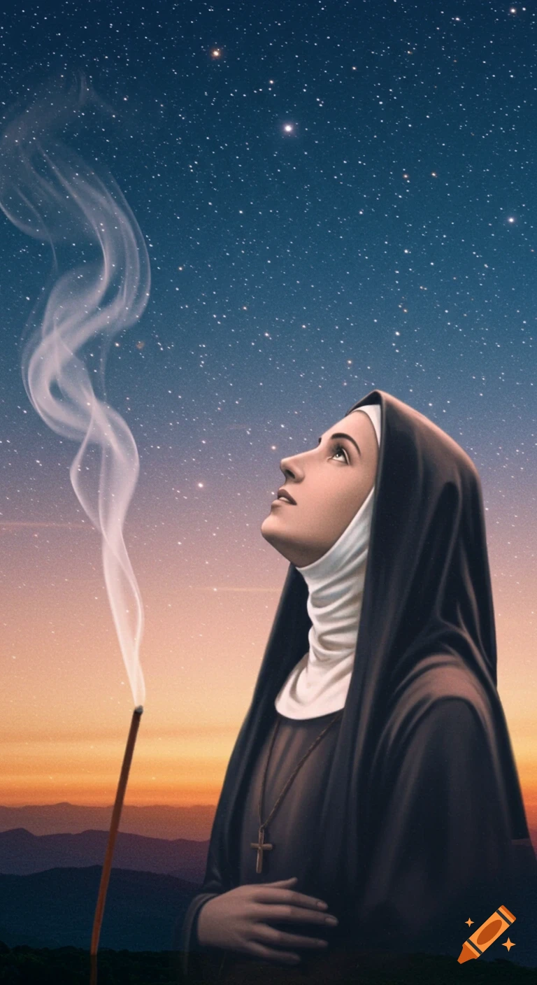 A nun in a black habit and white wimple looks up at a starry night sky, with smoke rising from an incense stick. Mountains are in the background.