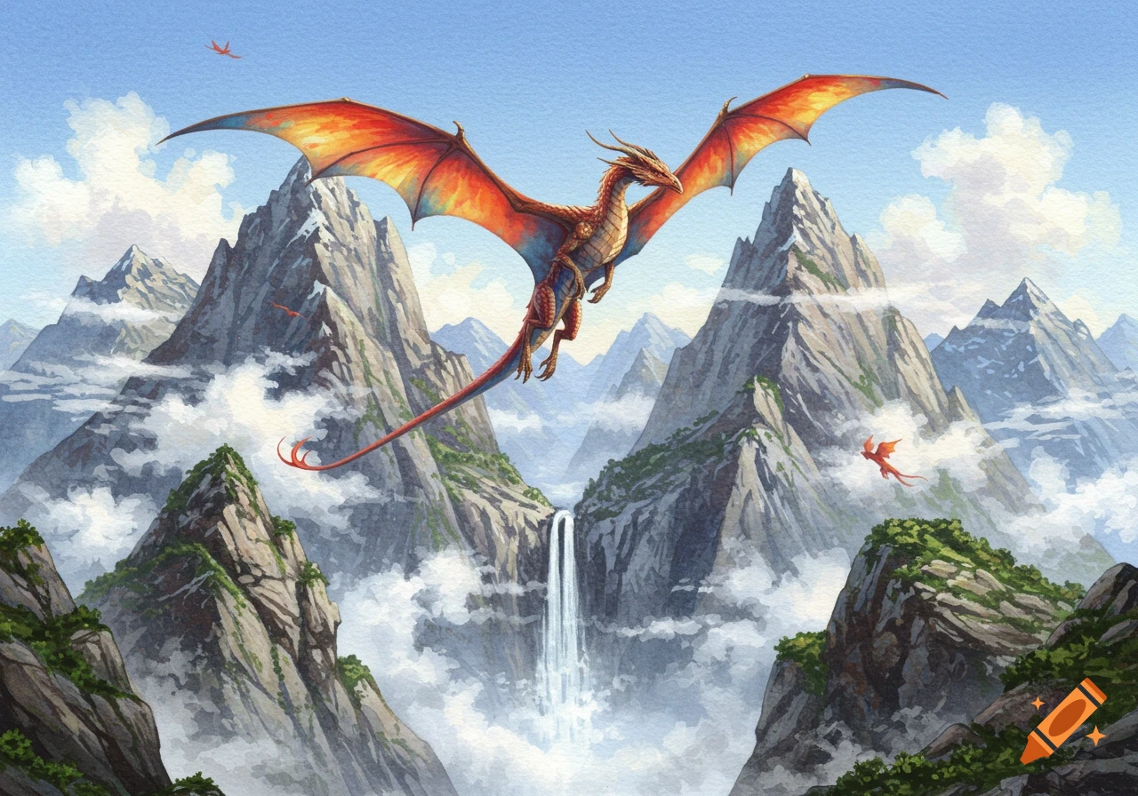 A vibrant watercolor painting of a large red and orange dragon soaring over majestic, misty mountains with a waterfall.