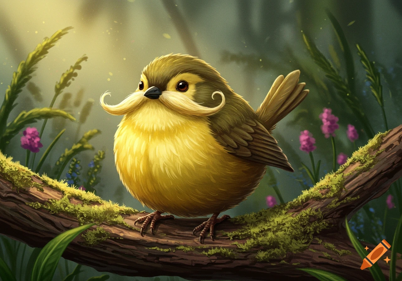 A cute, plump, yellow and olive bird with a long, curly blonde mustache perches on a mossy branch in a sunlit forest.
