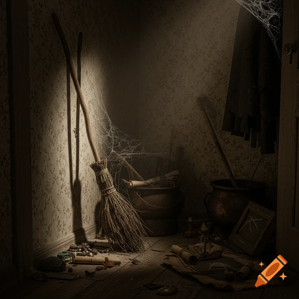 Photorealistic image of a witch's broom, dusty pots, and magical artifacts in a dark, cobweb-filled closet corner.