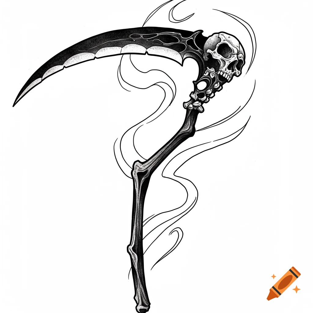 Blackwork tattoo sketch of a dark gothic scythe with a skull on its bone-like handle, featuring detailed shading.